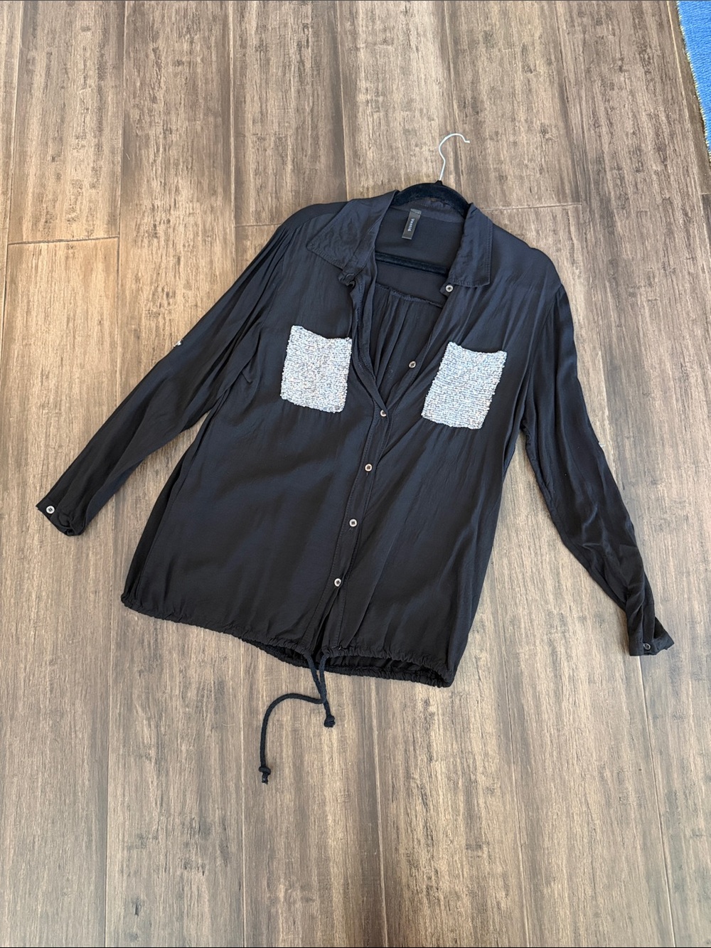 Black Button-Front Blouse with Contrasting White Patch Pockets